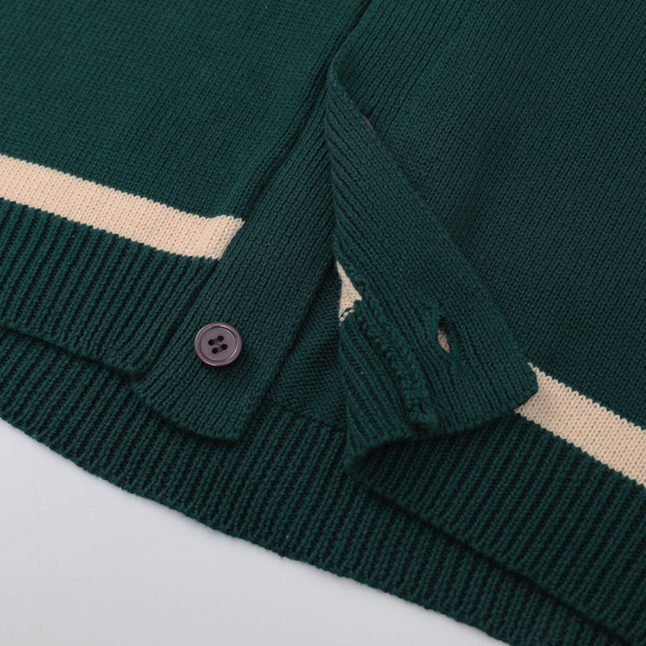 Cardigan en maille géométrique vintage des années 70 pour homme, vert foncé