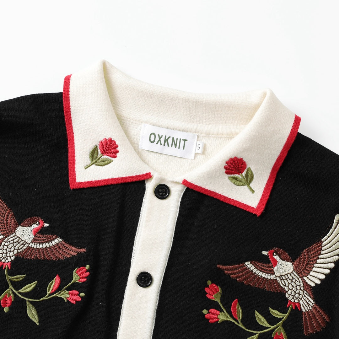 Men's Apricot 70s Vintage Western Embroidered Polo Knit Cardigan