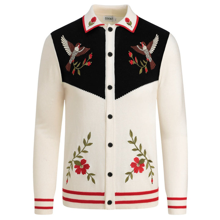 Men's Apricot 70s Vintage Western Embroidered Polo Knit Cardigan