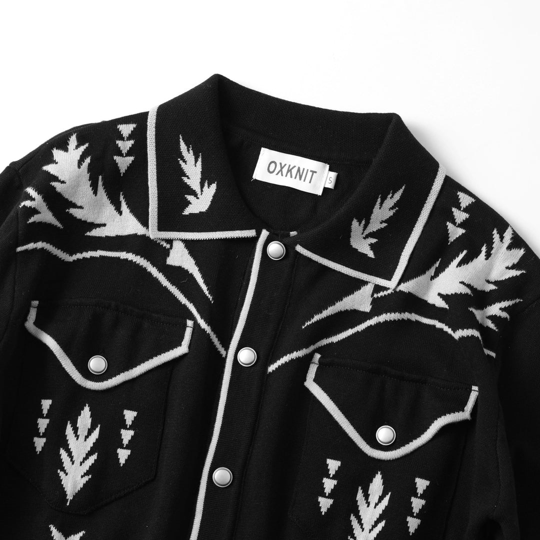 Men's Black 70s Vintage Western Cowboy Knit Polo Cardigan