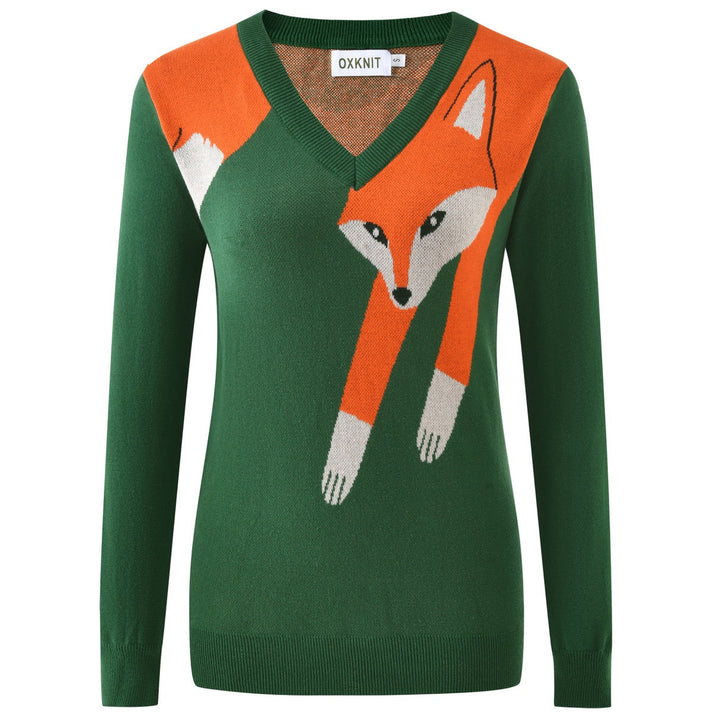 Women's Green 70s Vintage Fox Jacquard V-Neck Knit
