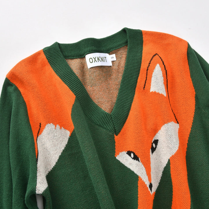Women's Green 70s Vintage Fox Jacquard V-Neck Knit