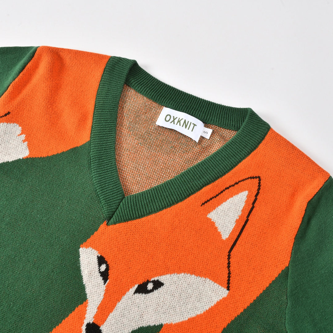 Women's Green 70s Vintage Fox Jacquard V-Neck Knit