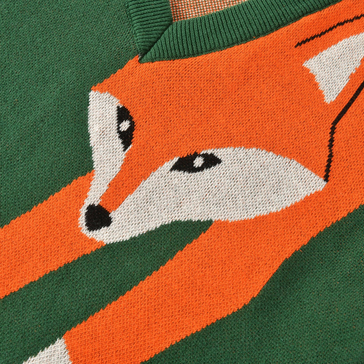 Women's Green 70s Vintage Fox Jacquard V-Neck Knit
