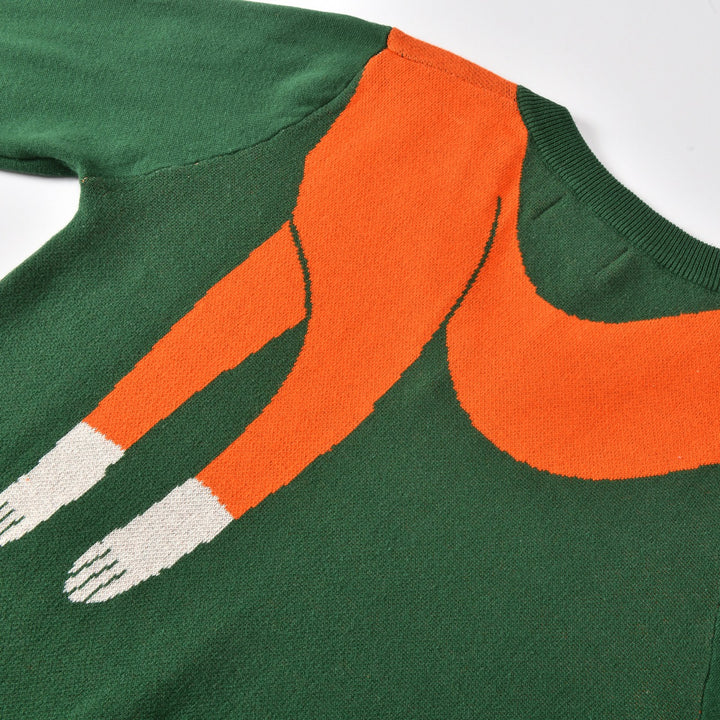 Women's Green 70s Vintage Fox Jacquard V-Neck Knit