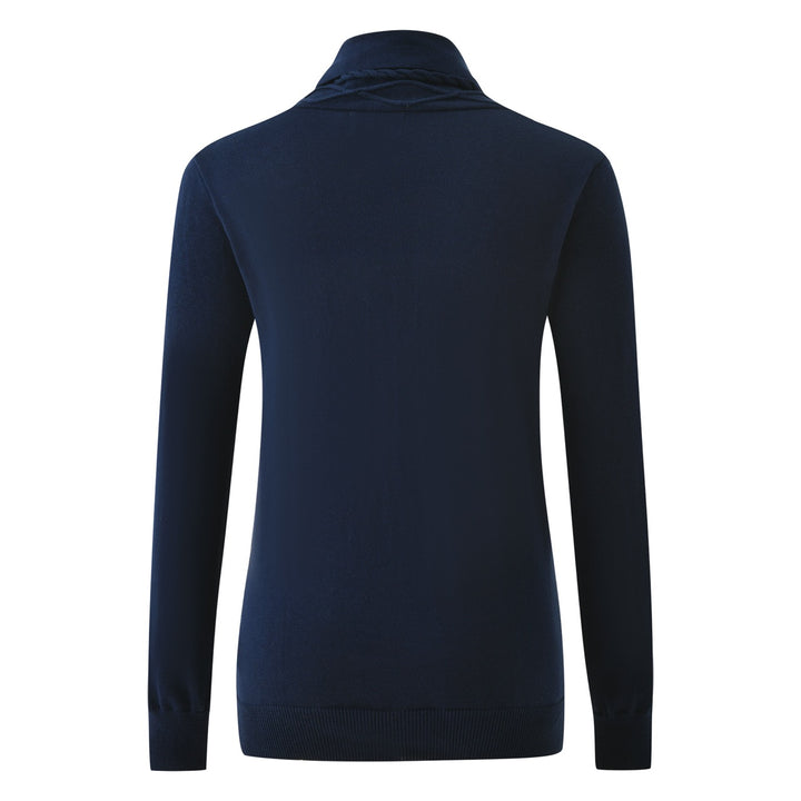 Suéter clásico de punto trenzado azul marino con cuello chal para mujer