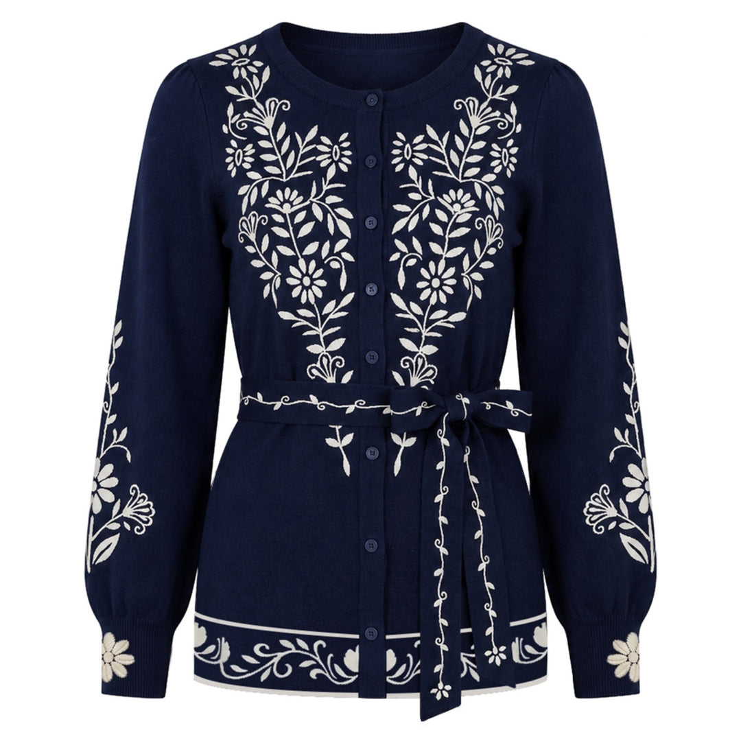 Malhas jacquard com design clássico vintage azul escuro feminino
