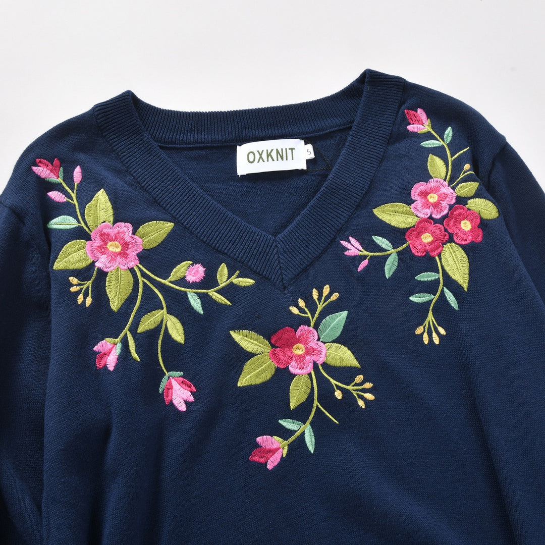 Women's Navy Blue 70s Vintage Floral Embroidered V Neck Knit