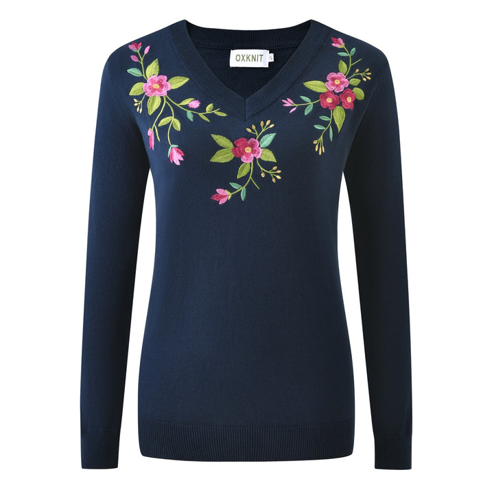 Women's Navy Blue 70s Vintage Floral Embroidered V Neck Knit