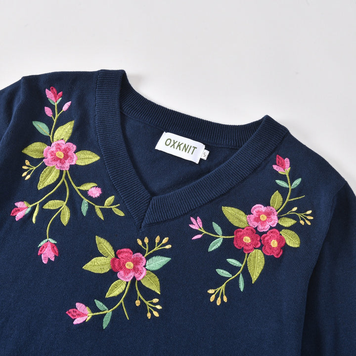 Women's Navy Blue 70s Vintage Floral Embroidered V Neck Knit