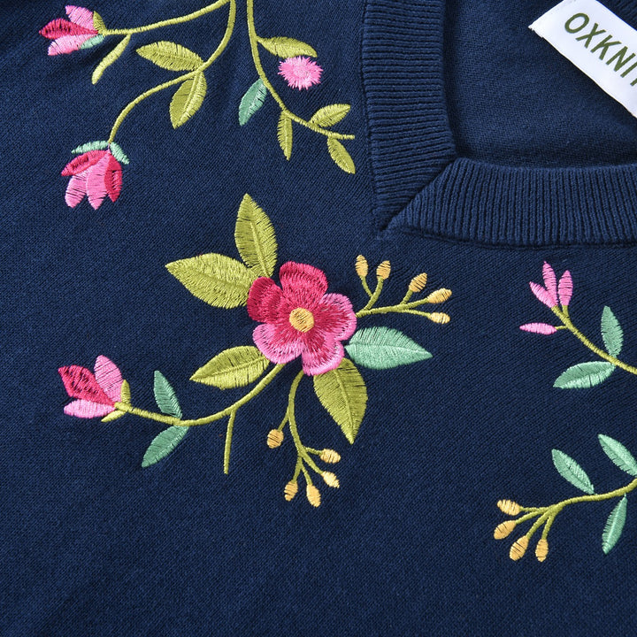 Women's Navy Blue 70s Vintage Floral Embroidered V Neck Knit