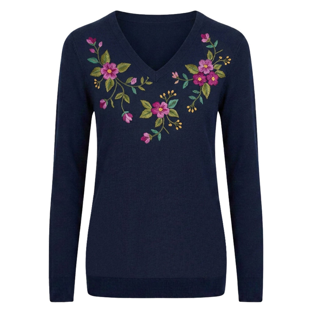Women's Navy Blue 70s Vintage Floral Embroidered V Neck Knit