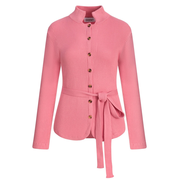 Women's Pink 60s Vintage Minimalist Tie-Neck Knit Cardigan