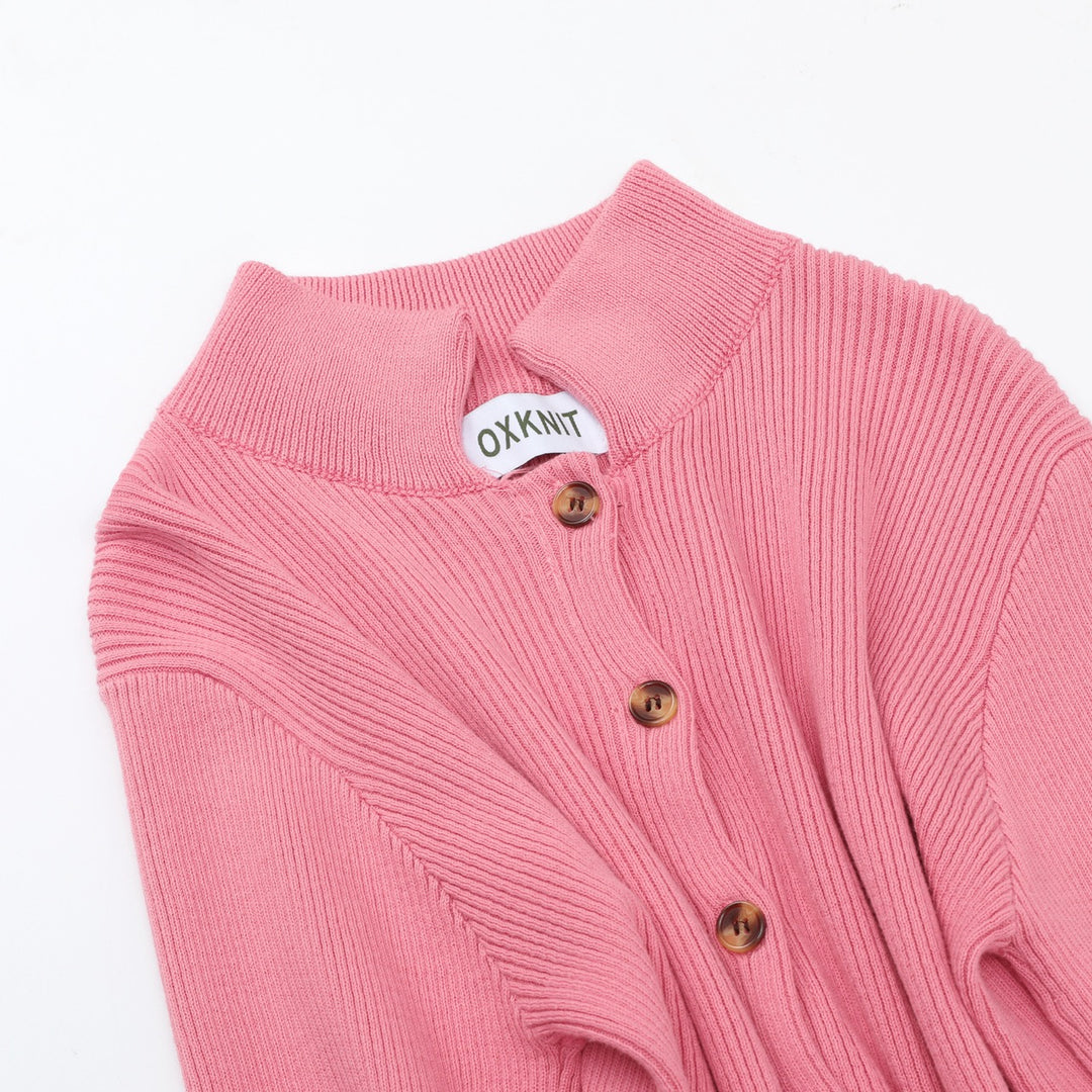 Women's Pink 60s Vintage Minimalist Tie-Neck Knit Cardigan
