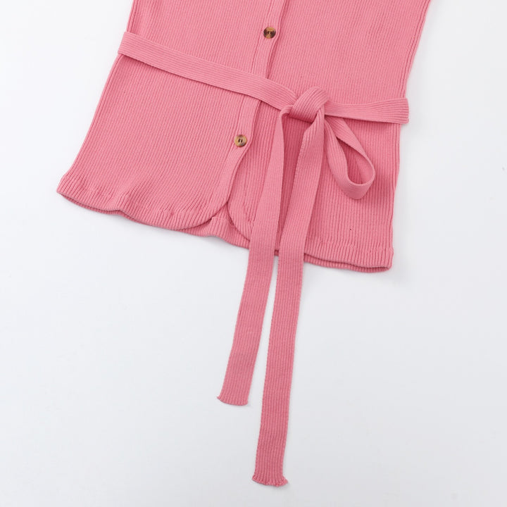Women's Pink 60s Vintage Minimalist Tie-Neck Knit Cardigan