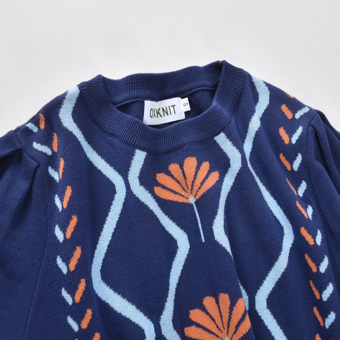 Women's Navy Blue 60s Vintage Mod Geometric Puff Sleeve Knit
