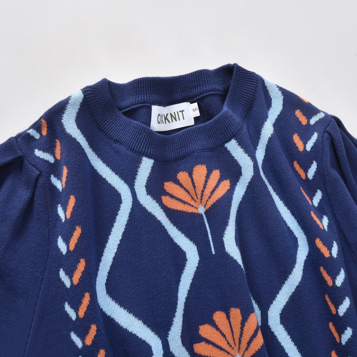 Women's Navy Blue 60s Vintage Mod Geometric Puff Sleeve Knit