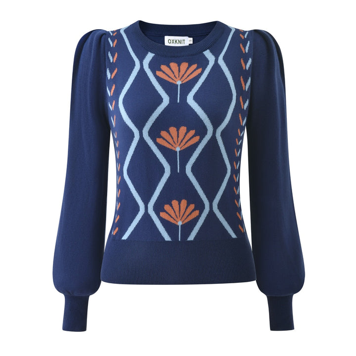 Women's Navy Blue 60s Vintage Mod Geometric Puff Sleeve Knit
