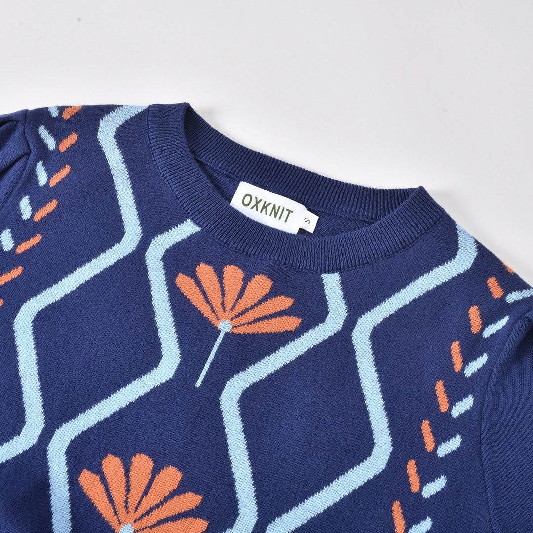 Women's Navy Blue 60s Vintage Mod Geometric Puff Sleeve Knit
