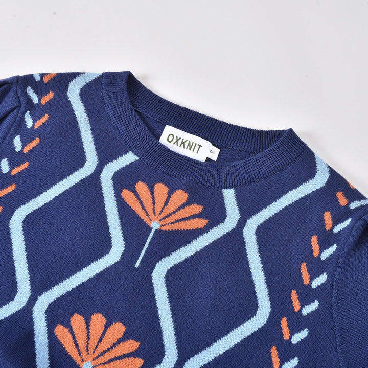 Women's Navy Blue 60s Vintage Mod Geometric Puff Sleeve Knit