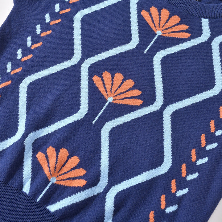 Women's Navy Blue 60s Vintage Mod Geometric Puff Sleeve Knit