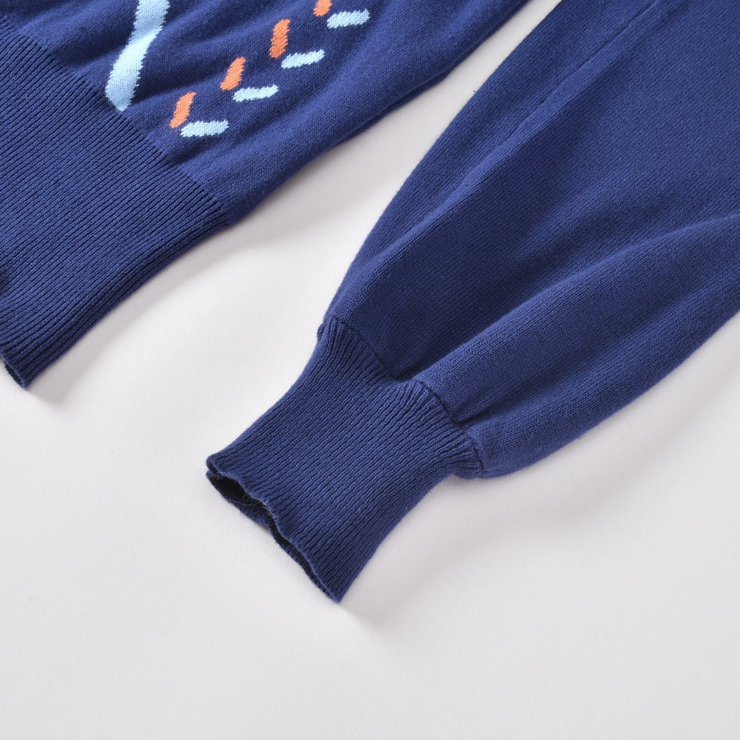 Women's Navy Blue 60s Vintage Mod Geometric Puff Sleeve Knit
