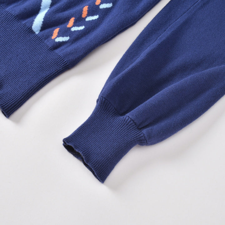 Women's Navy Blue 60s Vintage Mod Geometric Puff Sleeve Knit