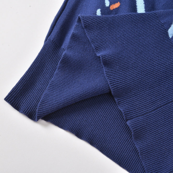 Women's Navy Blue 60s Vintage Mod Geometric Puff Sleeve Knit