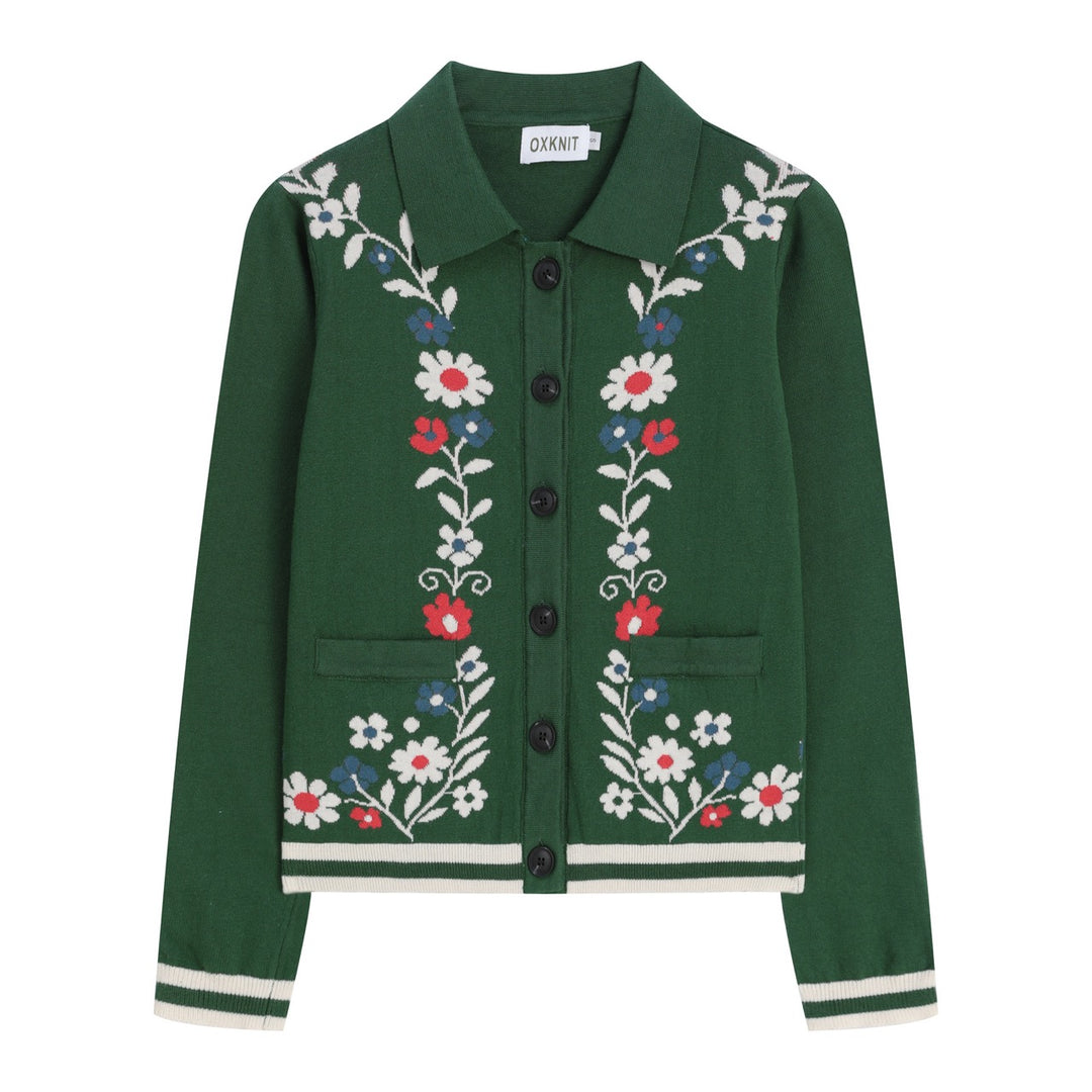 Dame Grøn Blomstret Jacquard Polo Krave Strikket Cardigan
