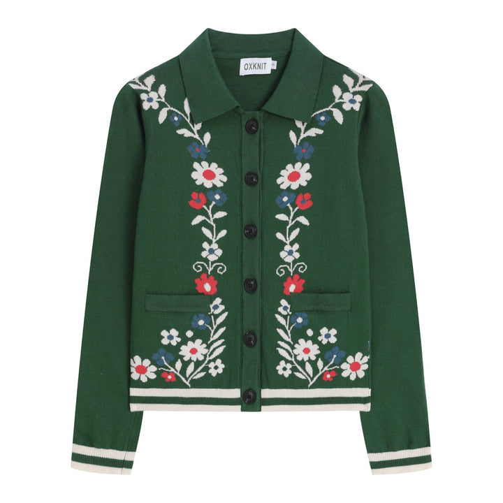 Dame Grøn Blomstret Jacquard Polo Krave Strikket Cardigan