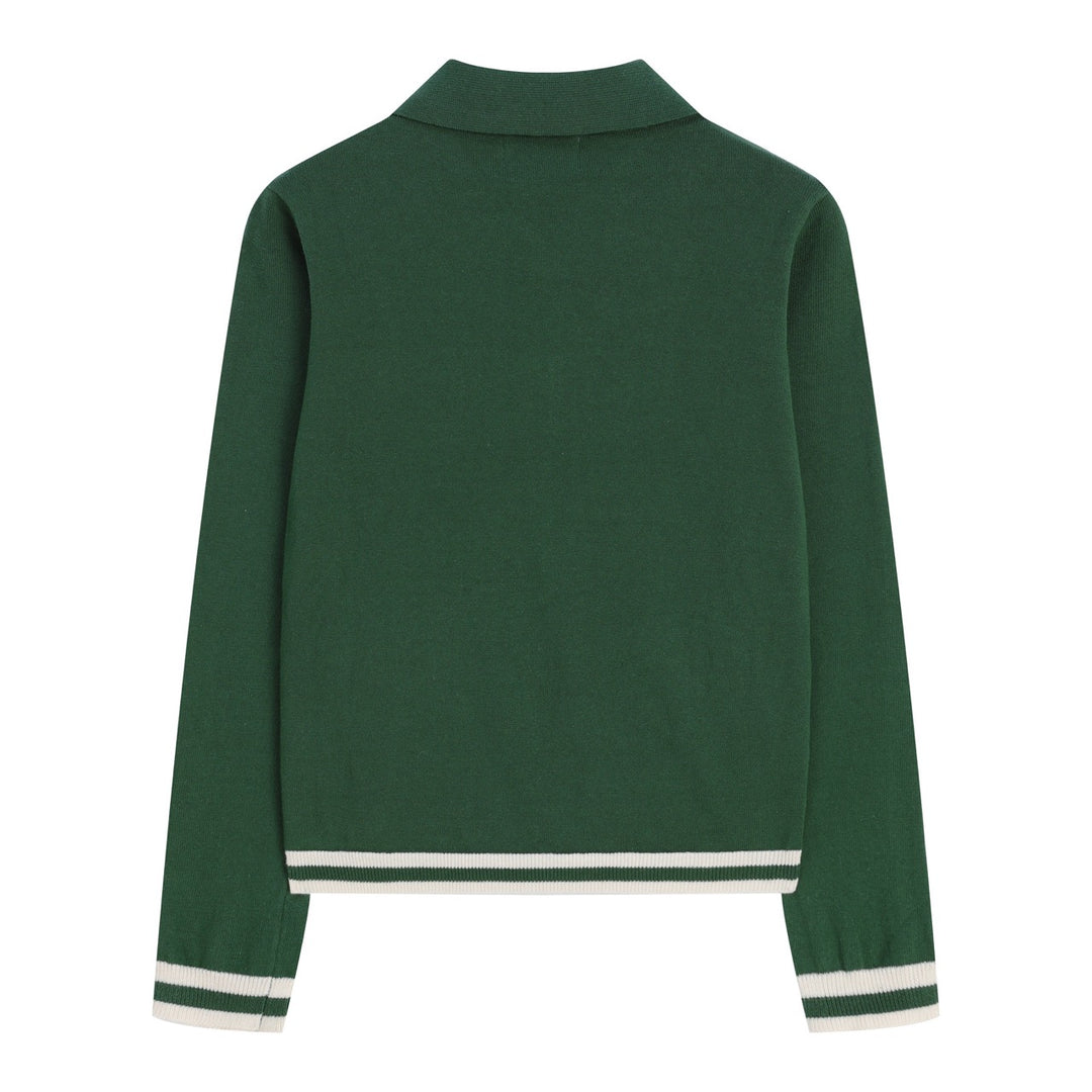 Dame Grøn Blomstret Jacquard Polo Krave Strikket Cardigan
