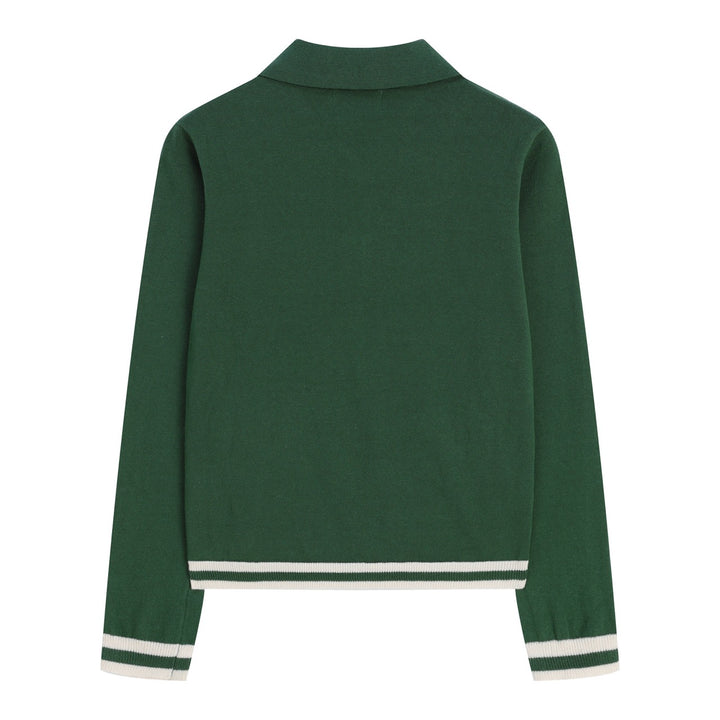 Dame Grøn Blomstret Jacquard Polo Krave Strikket Cardigan