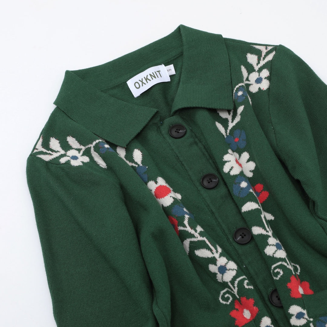 Dame Grøn Blomstret Jacquard Polo Krave Strikket Cardigan