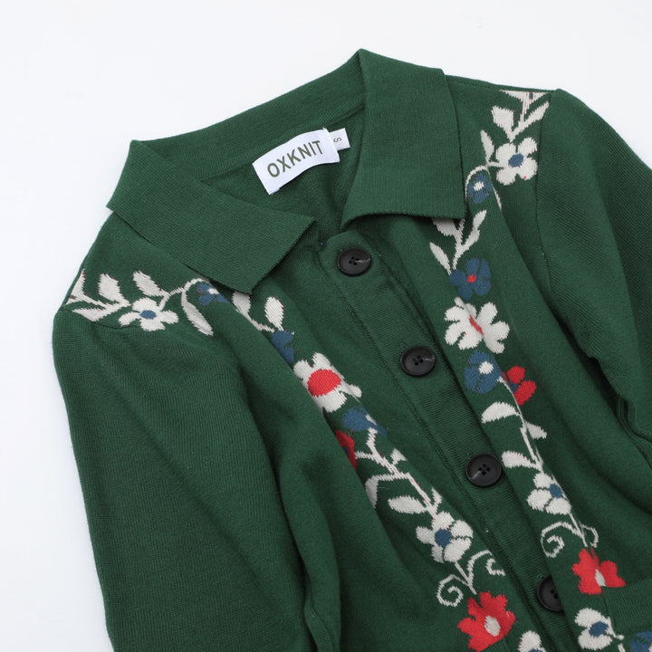 Dame Grøn Blomstret Jacquard Polo Krave Strikket Cardigan