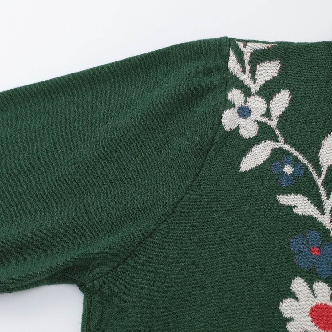Dame Grøn Blomstret Jacquard Polo Krave Strikket Cardigan