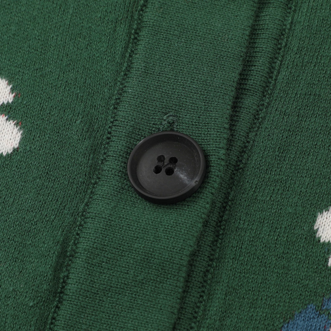 Dame Grøn Blomstret Jacquard Polo Krave Strikket Cardigan