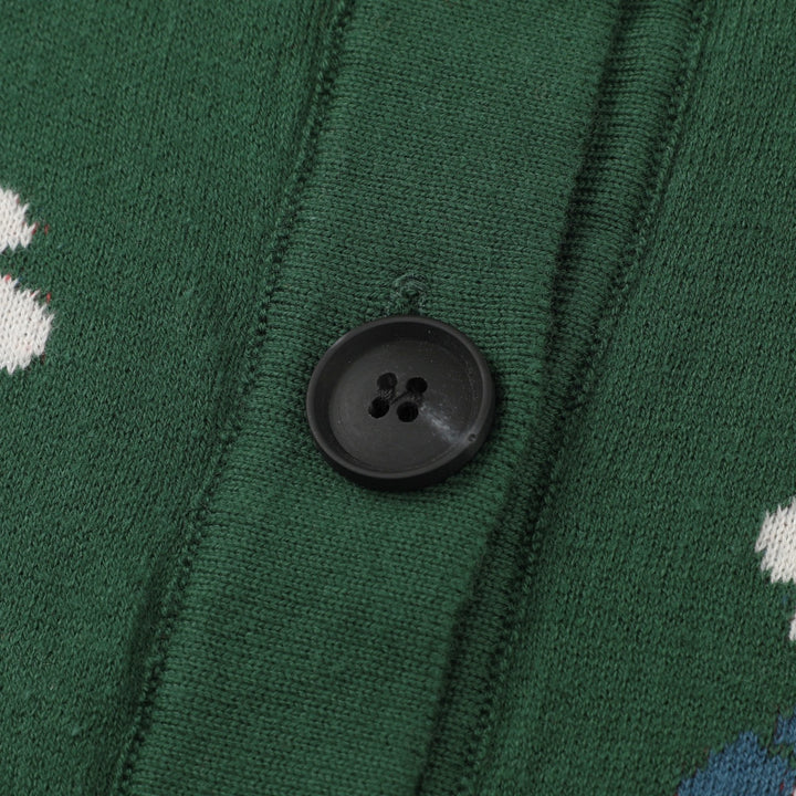 Dame Grøn Blomstret Jacquard Polo Krave Strikket Cardigan