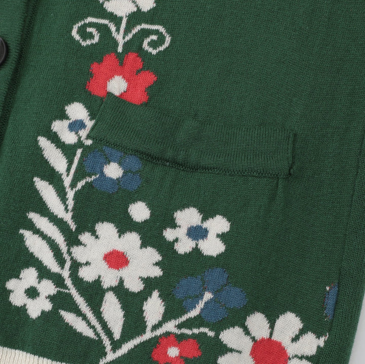 Dame Grøn Blomstret Jacquard Polo Krave Strikket Cardigan