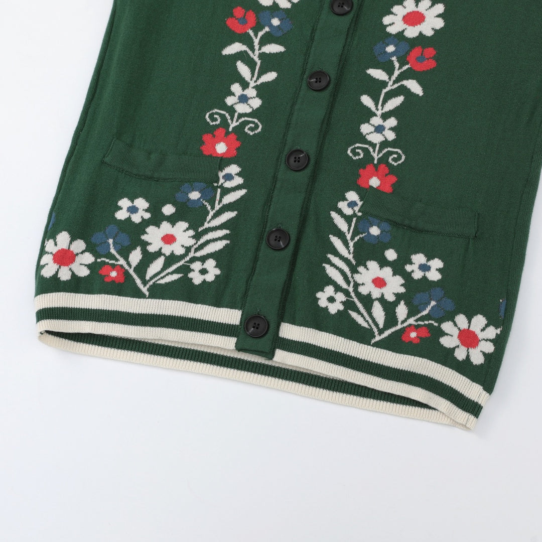 Dame Grøn Blomstret Jacquard Polo Krave Strikket Cardigan