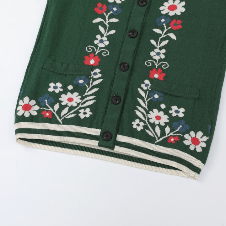 Dame Grøn Blomstret Jacquard Polo Krave Strikket Cardigan