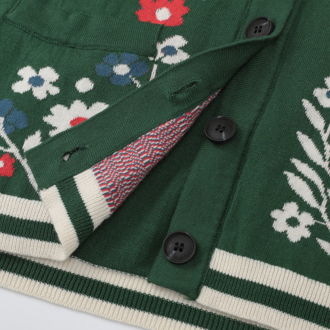 Dame Grøn Blomstret Jacquard Polo Krave Strikket Cardigan