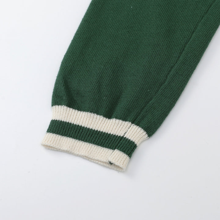 Dame Grøn Blomstret Jacquard Polo Krave Strikket Cardigan