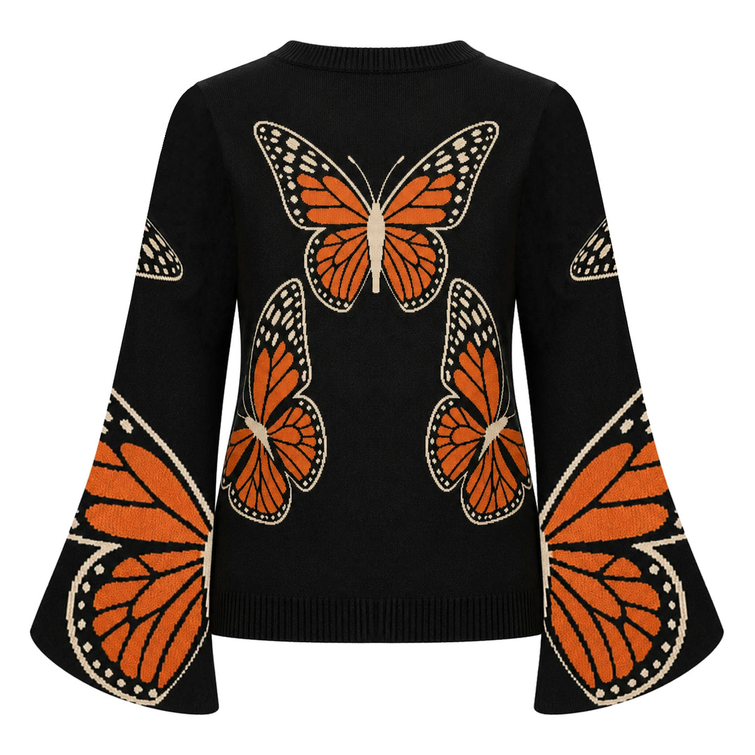 Women's Black Butterfly Jacquard Flare Sleeve Knit