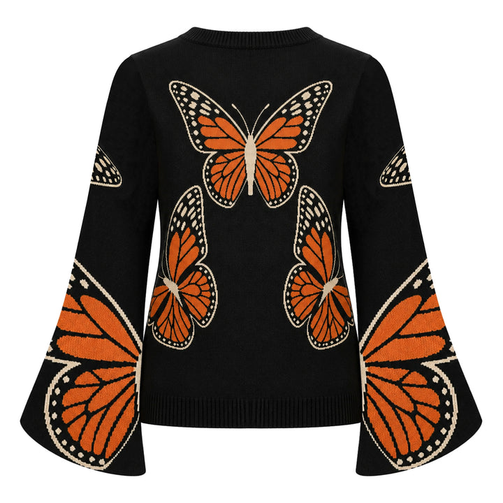 Women's Black Butterfly Jacquard Flare Sleeve Knit