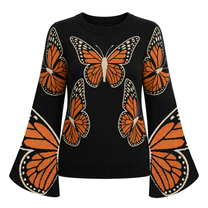 Women's Black Butterfly Jacquard Flare Sleeve Knit