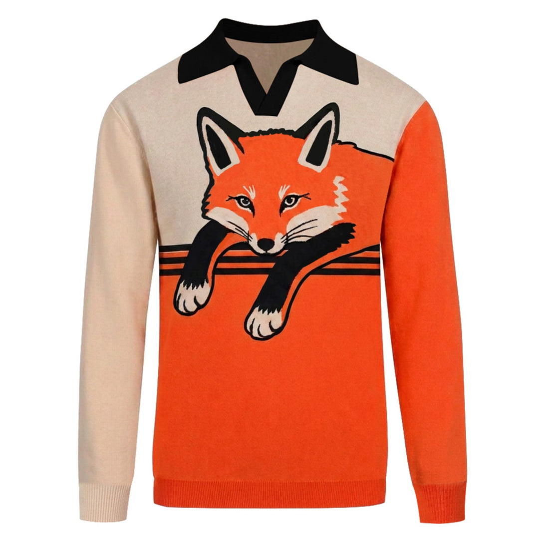 Men's Orange Vintage Forest Animal Art Jacquard Polo Knit Sweater
