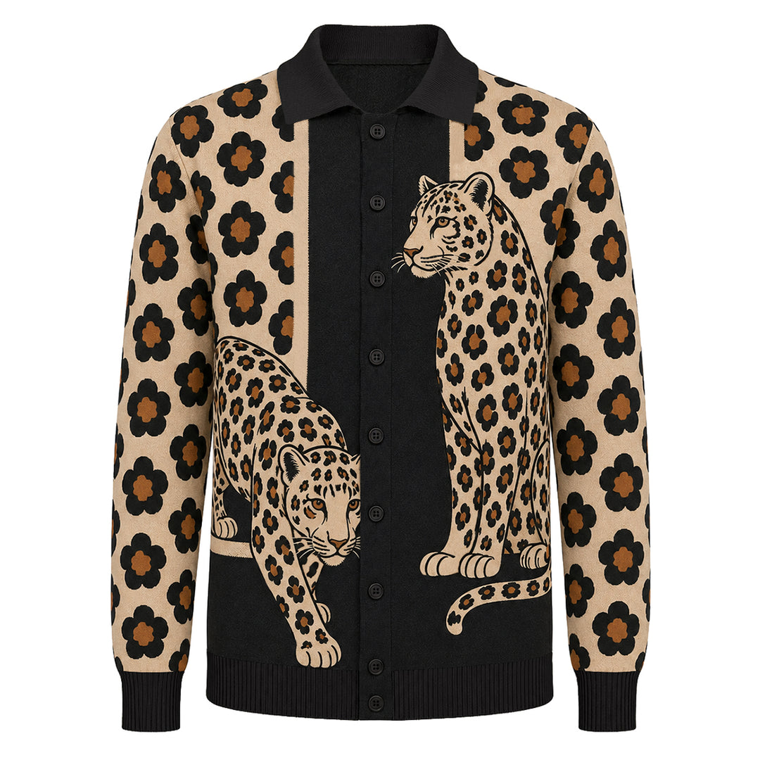 Men's Black 70s Vintage Animal Jacquard Polo Knit Cardigan