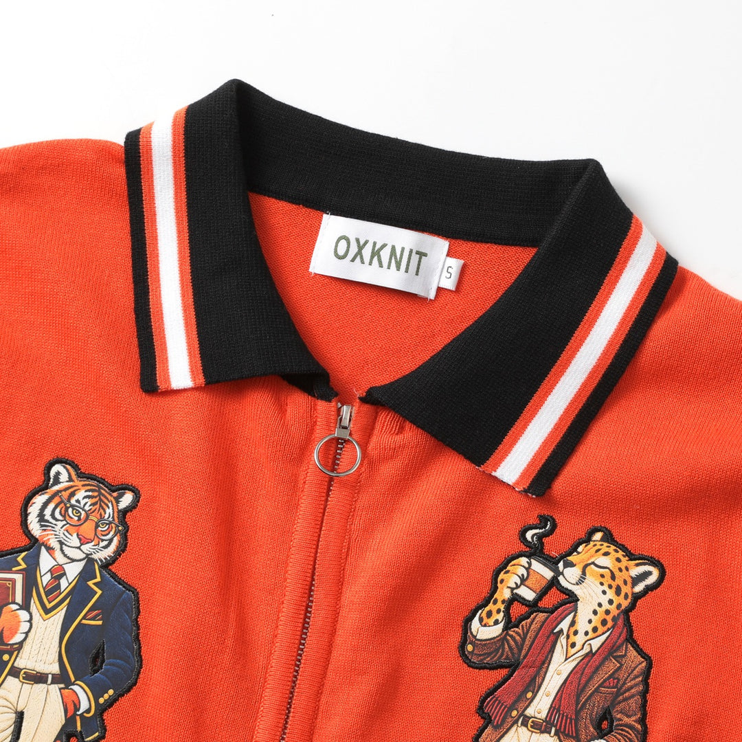 Men's Orange 70s Playful Animal Embroidered Polo Knit Cardigan