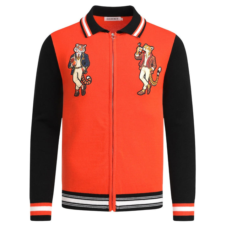 Men's Orange 70s Playful Animal Embroidered Polo Knit Cardigan