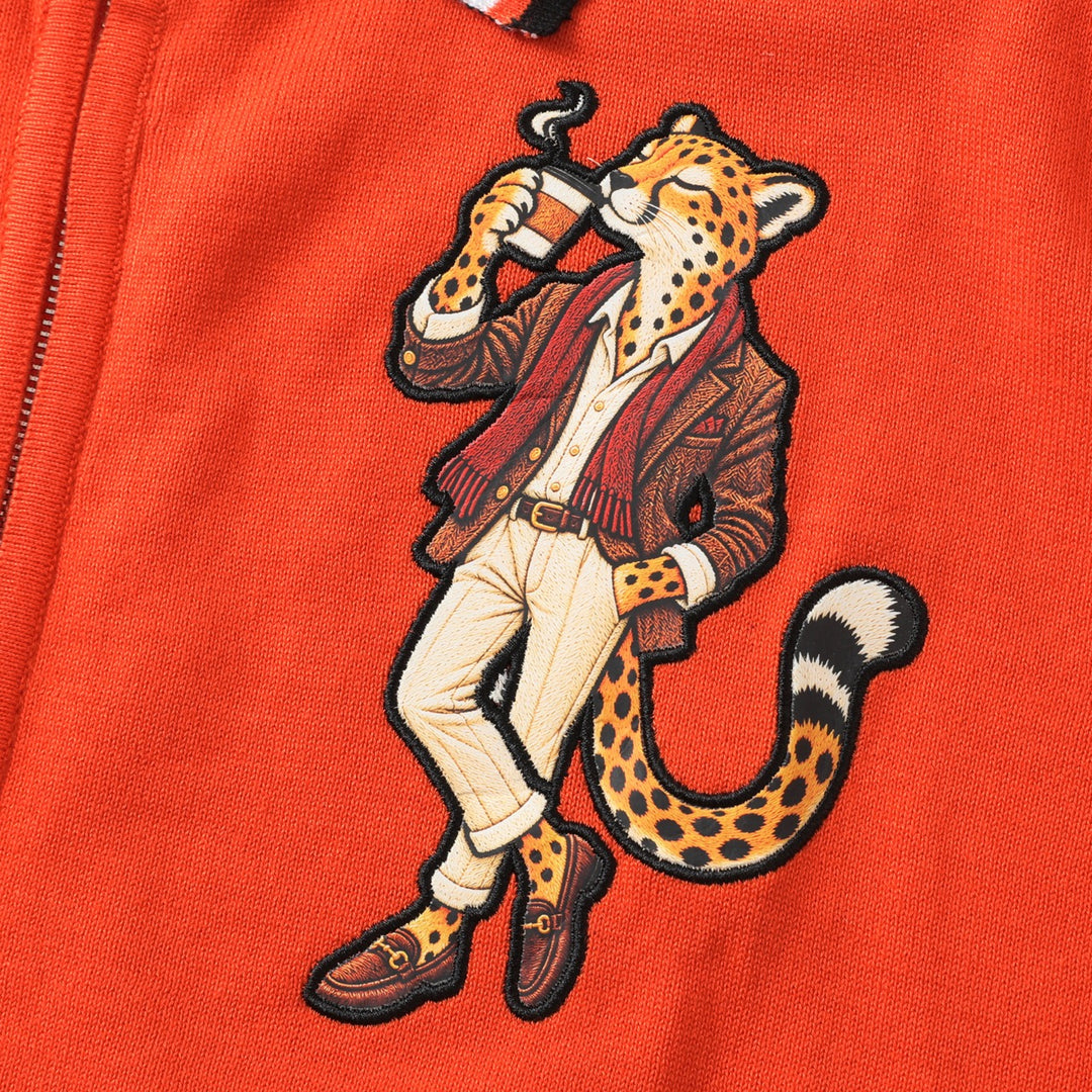 Men's Orange 70s Playful Animal Embroidered Polo Knit Cardigan